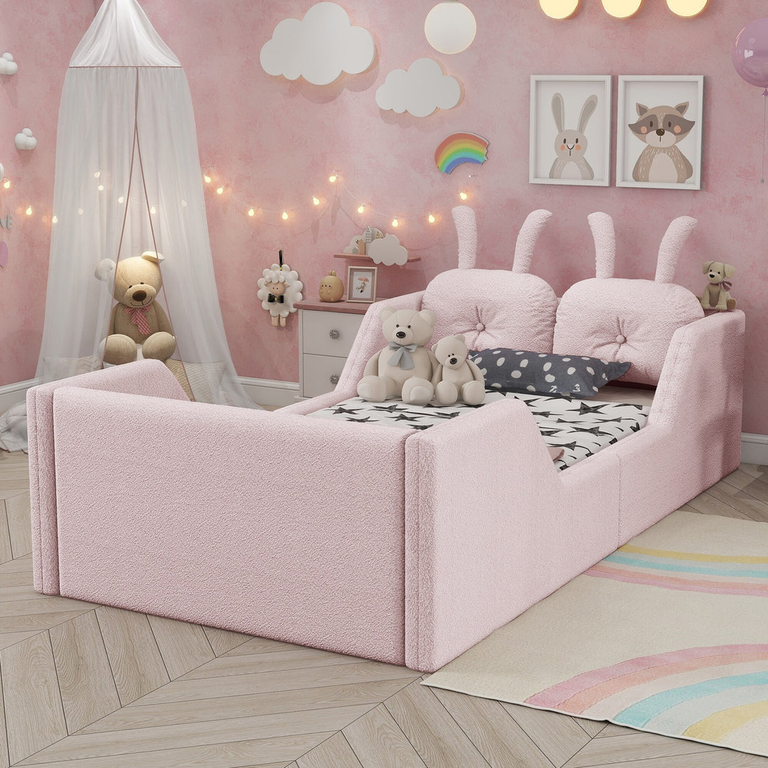 Twin Size Upholstered Platform Bed with Rabbit Cushion, Floor Upholstered Bed with Removable Side Rails