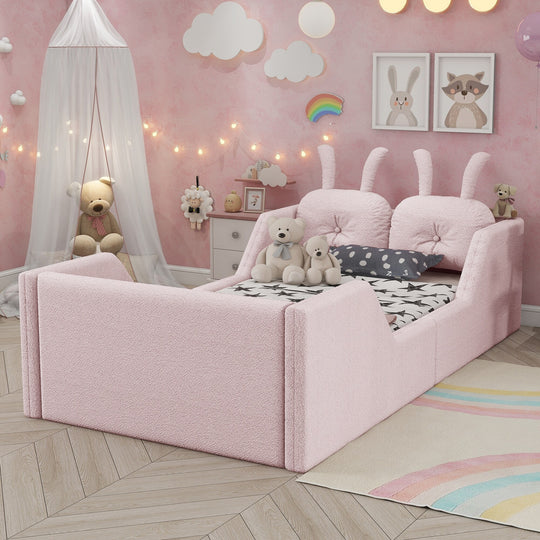 Twin Size Upholstered Platform Bed with Rabbit Cushion, Floor Upholstered Bed with Removable Side Rails