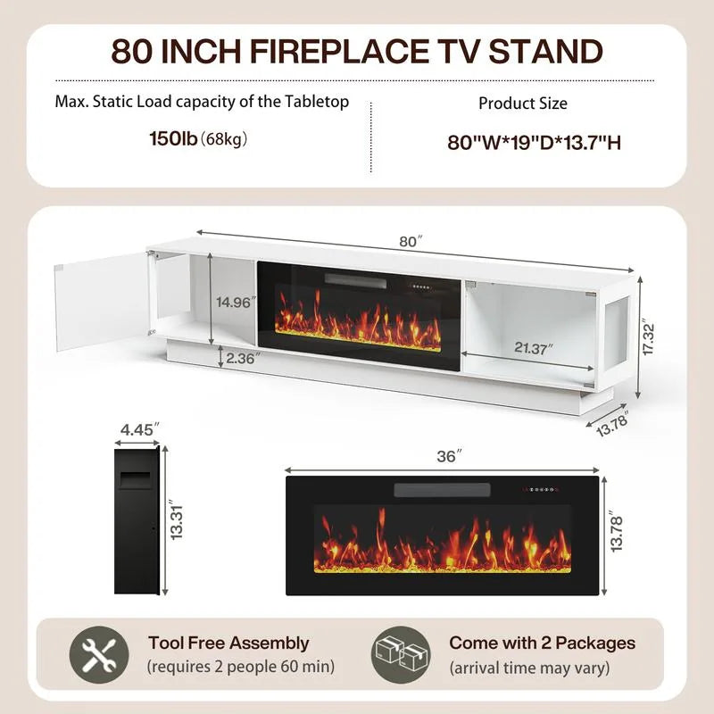 80" Fireplace TV Stand with Adjustable LED Lights, Modern Entertainment Center with Glass Door Storage Cabinet, Black