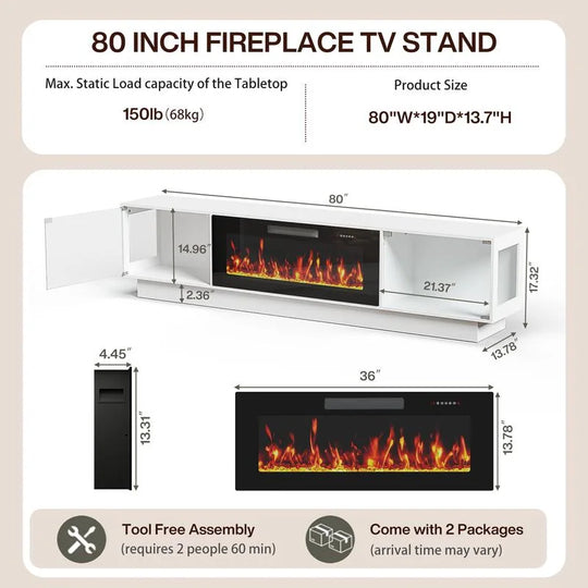 80" Fireplace TV Stand with Adjustable LED Lights, Modern Entertainment Center with Glass Door Storage Cabinet, Black