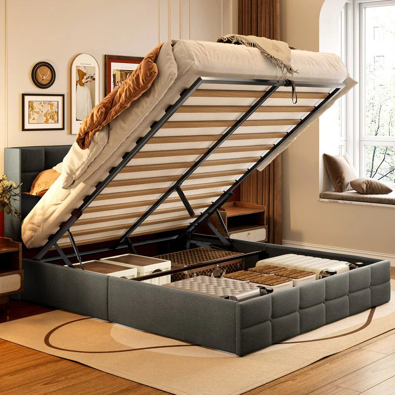 Lift up Storage Bed Frame, Upholstered Platform Bed Frame with Hydraulic Storage System and Headboard