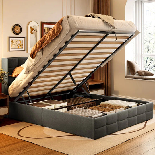 Lift up Storage Bed Frame, Upholstered Platform Bed Frame with Hydraulic Storage System and Headboard