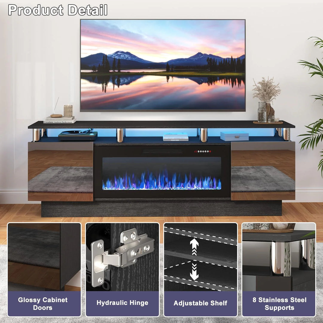70" Modern Electric Fireplace TV Stand, with Electronic Flame and LED Lights, High Gloss Finish Entertainment Center