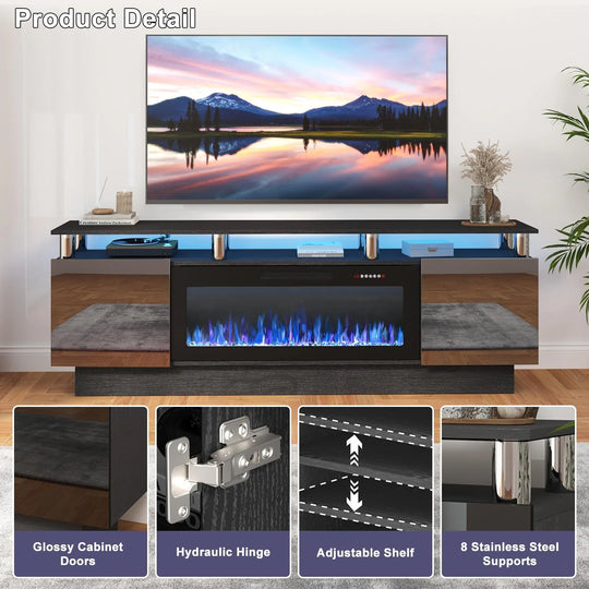 70" Modern Electric Fireplace TV Stand, with Electronic Flame and LED Lights, High Gloss Finish Entertainment Center