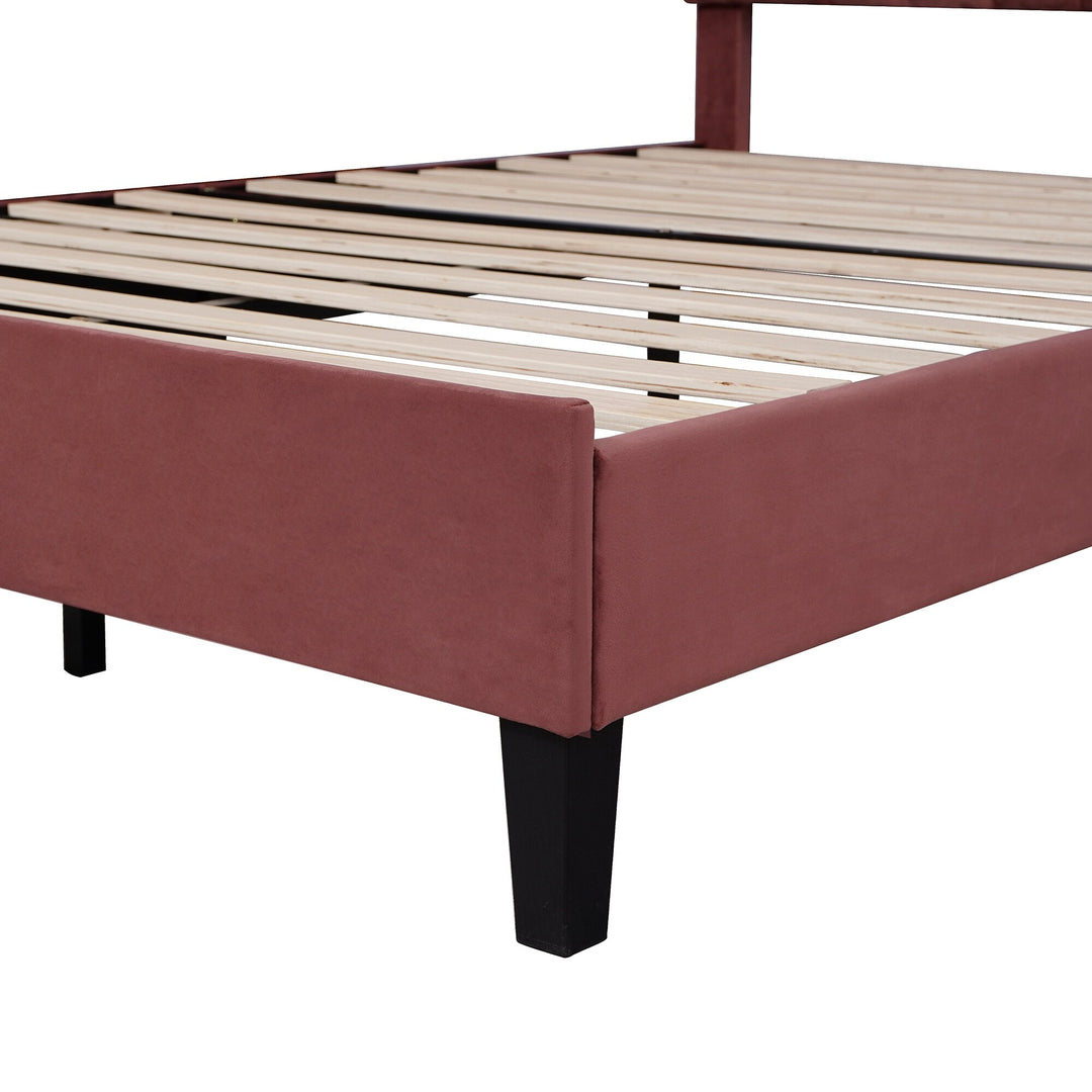 Upholstered Platform Bed with Flower Pattern Velvet Headboard