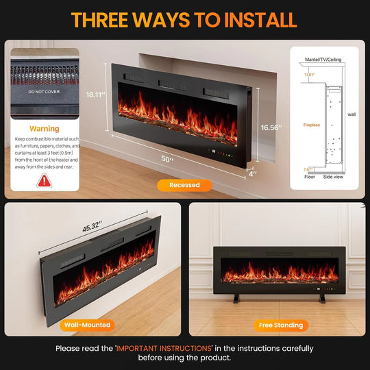 3-In-1 Electric Fireplace: 1500W Wall Mount, Recessed or Freestanding Heater with Remote & Touch Control