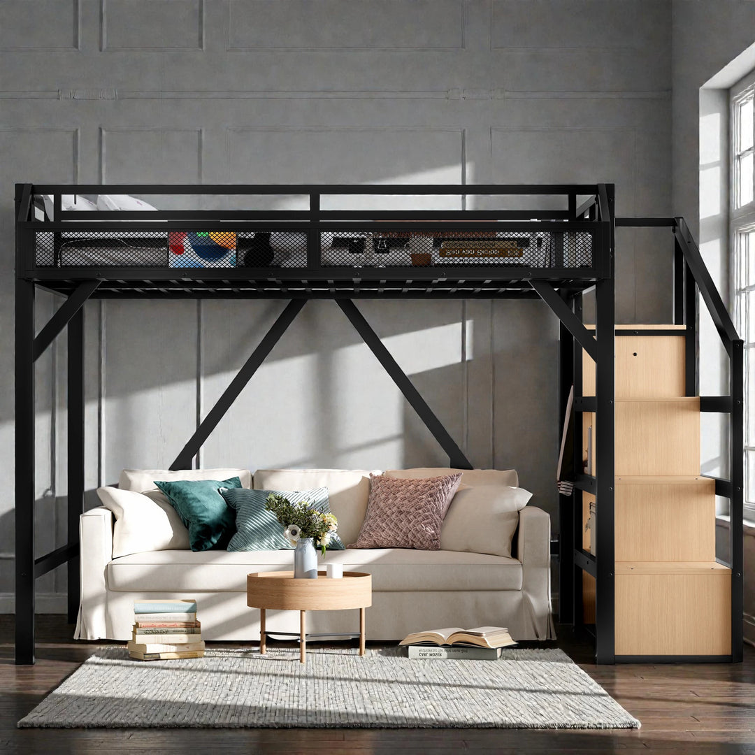 Metal Loft Bed with Storage Stairs, Built-In Wardrobe, Shelves, USB Ports, LED Lights & Noise-Reduced Frame