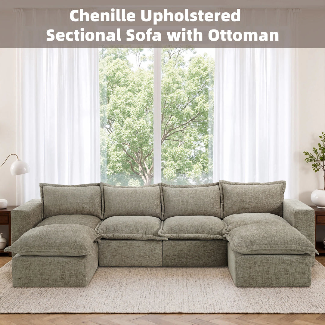 Chenille No Assembly Modular Sectional Sofa Cloud Couch with Ottoman