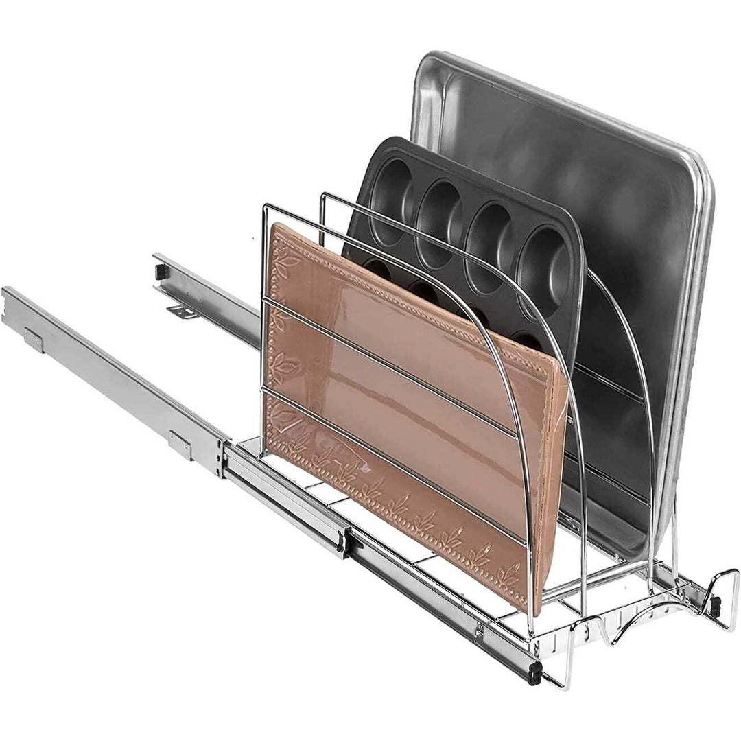 Hold N Storage Pull Out Bakeware Organizer 8.5” W X 21” L X 10.63” H Heavy Duty, Chrome