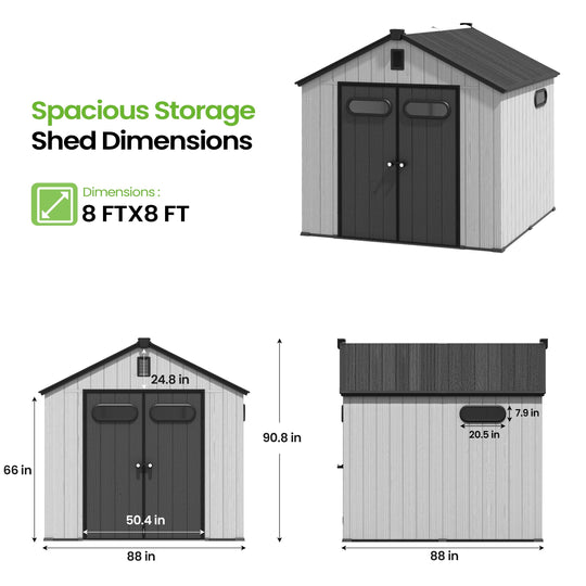 8X8/8X10/8X12 FT All-Weather Outdoor Resin Lockable Storage Shed with Windows Floor for Patio Furniture and Tools