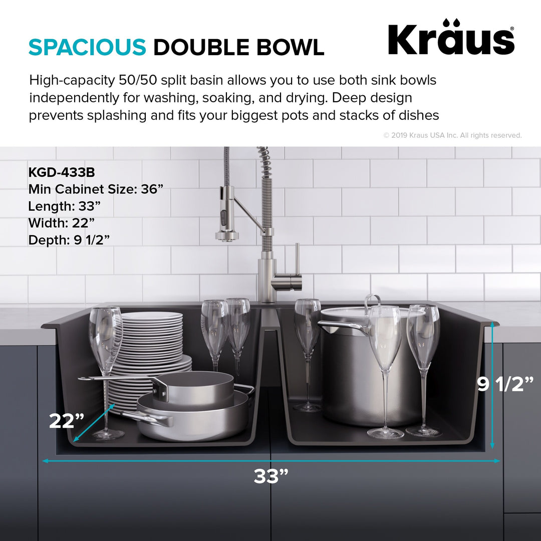 Granite 33 Inch 2-Bowl Undermount Drop-In Kitchen Sink