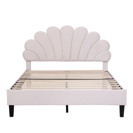 Upholstered Platform Bed with Flower Pattern Velvet Headboard