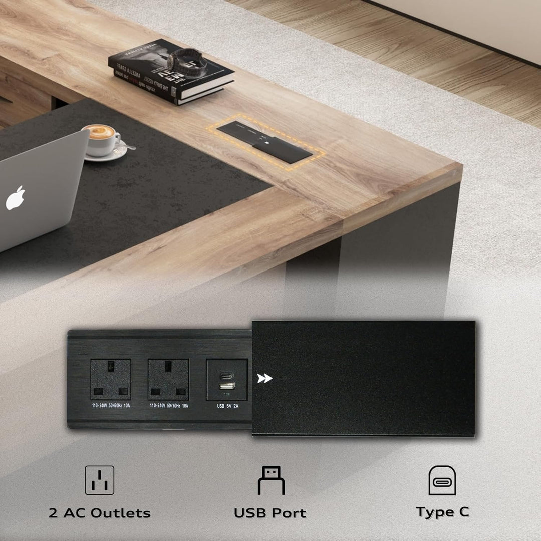 78.74 Inches L-Shape Executive Desk, Industrial Wood Desk with Cabinet Drawer Storage Shelves
