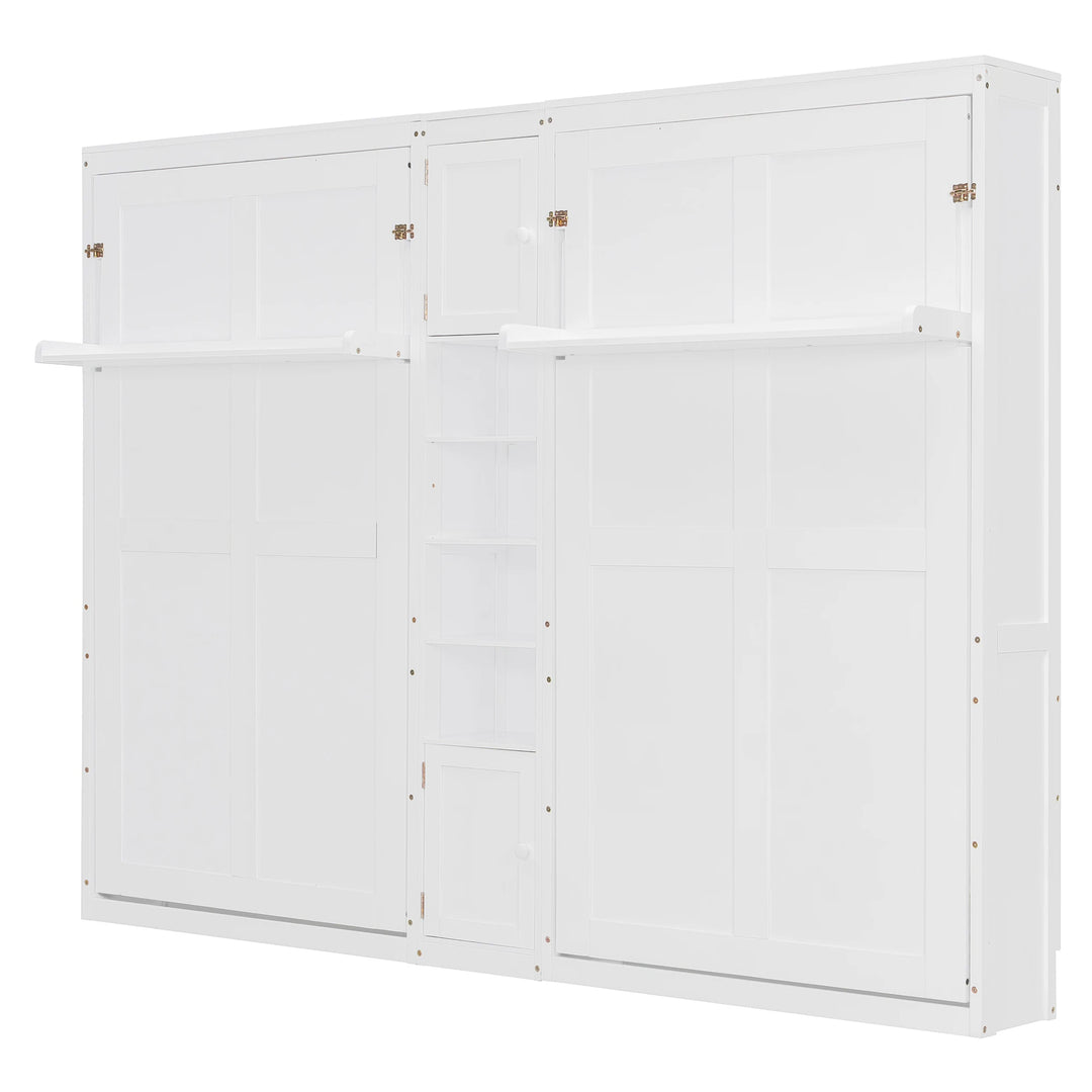 Dual Twin Size Wall Murphy Beds with Cabinets and Shelves, Space-Saving Design