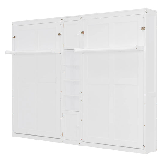 Dual Twin Size Wall Murphy Beds with Cabinets and Shelves, Space-Saving Design