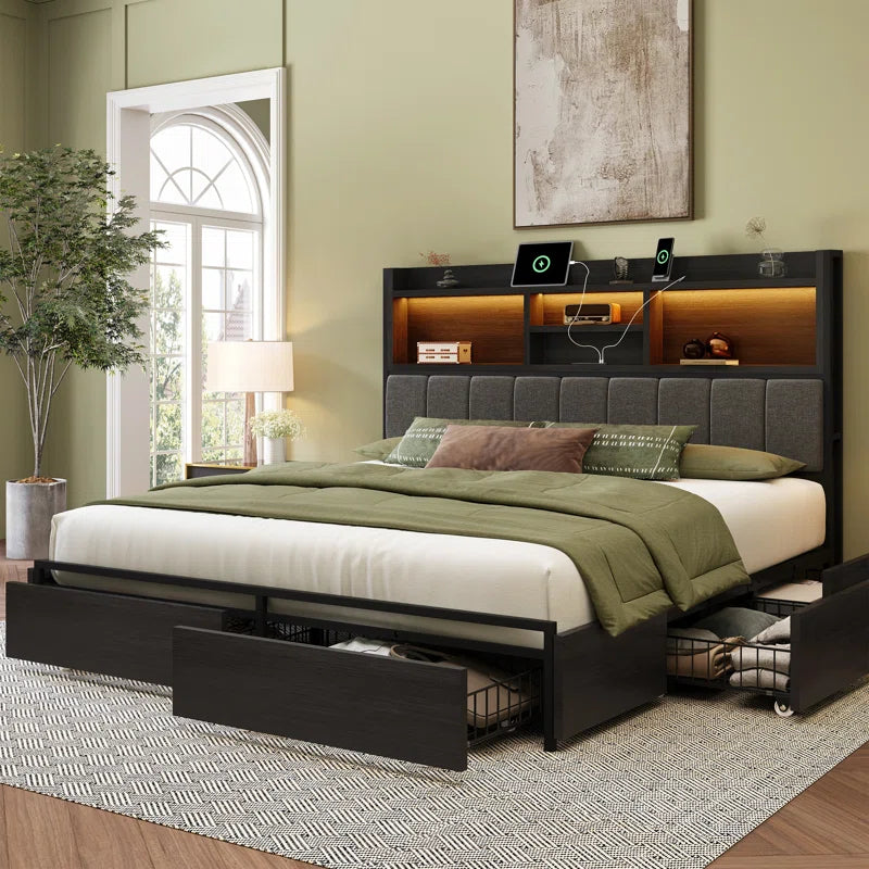 Bed Frame with 6 Storage Drawers, Linen Upholstered Headboard, Built in Charging Station and Led