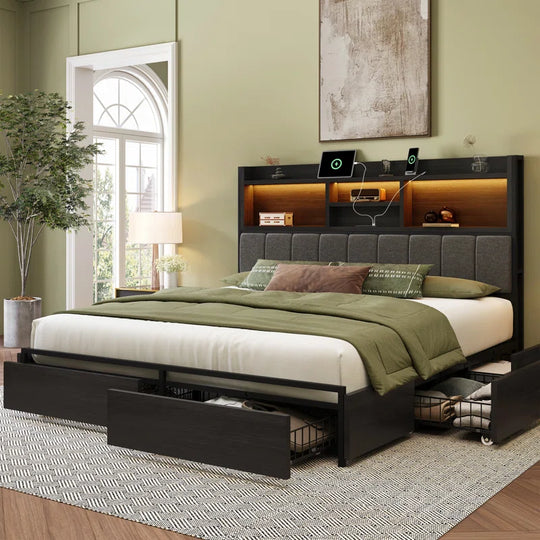 Bed Frame with 6 Storage Drawers, Linen Upholstered Headboard, Built in Charging Station and Led