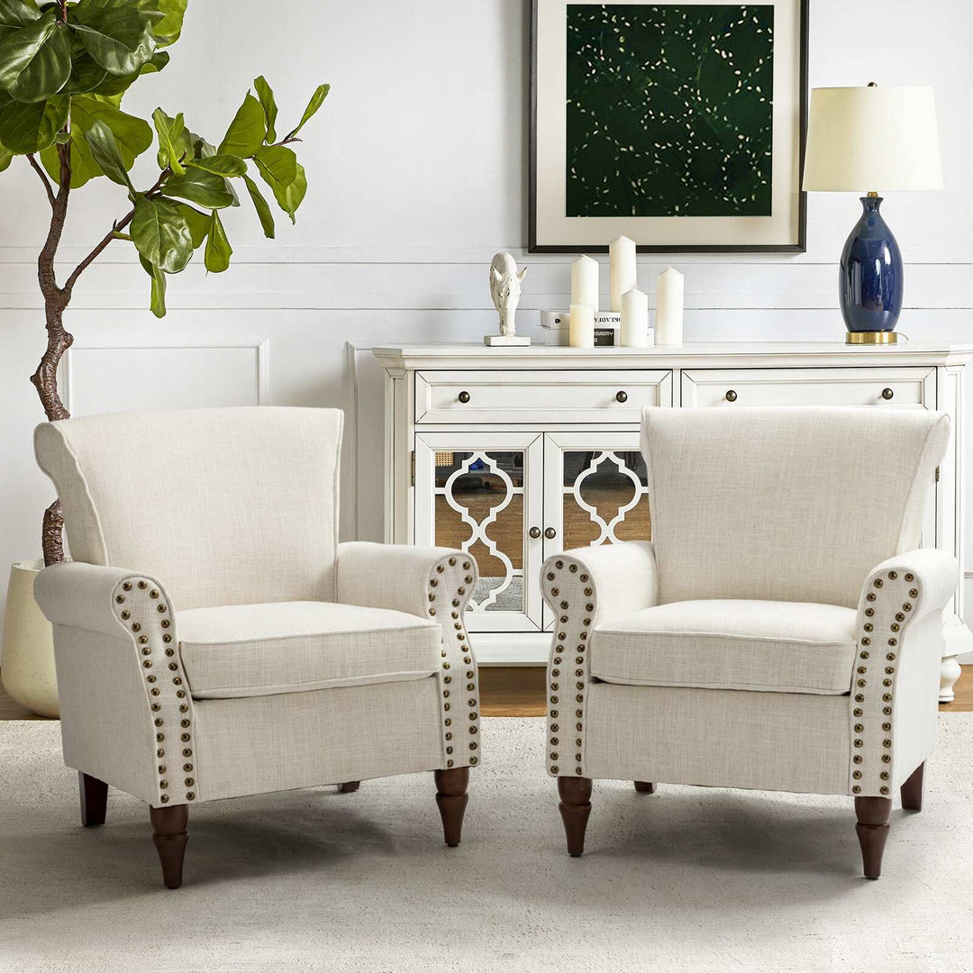 Nyctelius Upholstered Comfy Accent Chair with Turned Wooden Legs and Nailhead Trim Set of 2 by