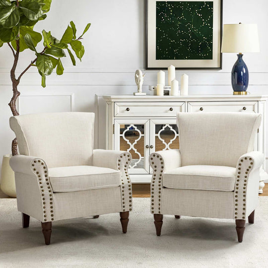 Nyctelius Upholstered Comfy Accent Chair with Turned Wooden Legs and Nailhead Trim Set of 2 by
