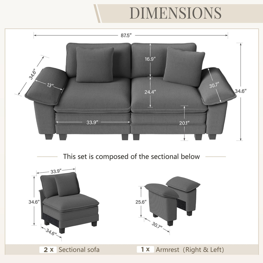 Cloud Modular Deep Seat Sofa, Chenille or Corduroy Sectional Couch with Removable Arms, 1–4 Seater