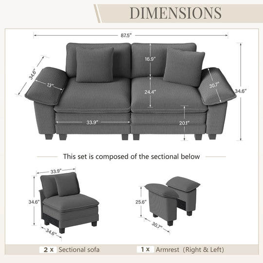 Cloud Modular Deep Seat Sofa, Chenille or Corduroy Sectional Couch with Removable Arms, 1–4 Seater