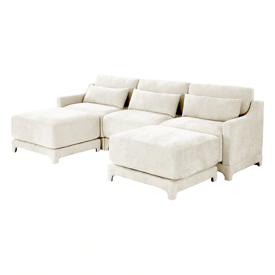 Modern Chenille 4-Seater Sofa with 2 Ottoman, Lumbar Cushions, Ergonomic Backrest, High-Resilience Spongeand Tufted Armrests