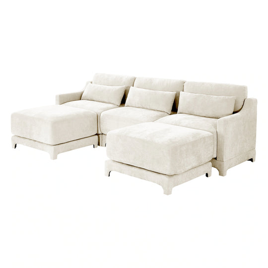 Modern Chenille 4-Seater Sofa with 2 Ottoman, Lumbar Cushions, Ergonomic Backrest, High-Resilience Spongeand Tufted Armrests