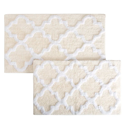 Bassam 2PC 100% Cotton Bathroom Rug Set - with Trellis Pattern and Non-Slip Base - Machine Washable Bathroom Mats