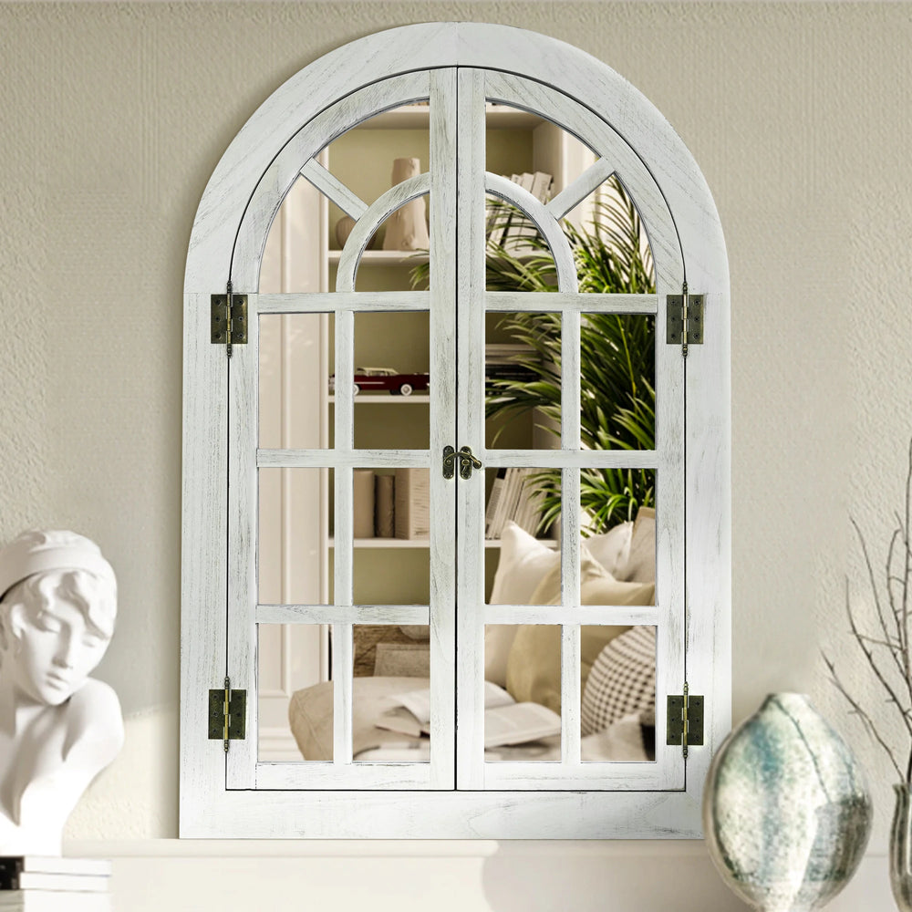Vintage Wood Windowpane Arched Wall Mirror
