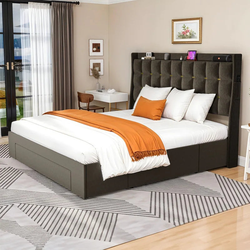 Queen/King Size Velvet Upholstered Bed with Charging Station and Storage Drawers