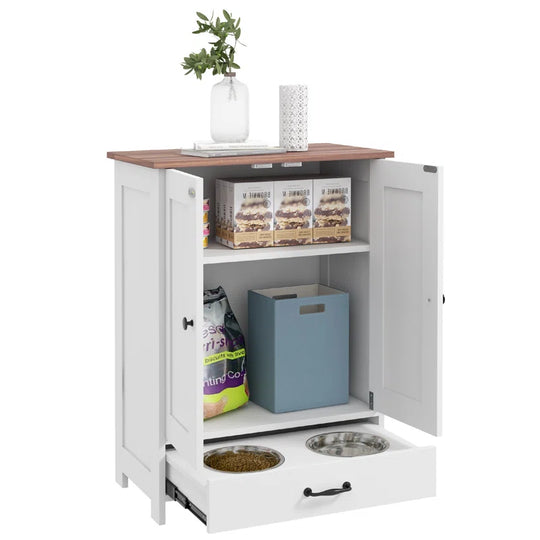 Dog Feeding Station, Dog Food Storage Cabinet with Hidden Dog Bowls, Adjustable Panel, Hooks for Medium Sized Dogs