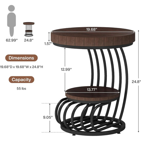2 Tiers round End Table with Shelf Storage, Arc-Shaped Side Sofa Table