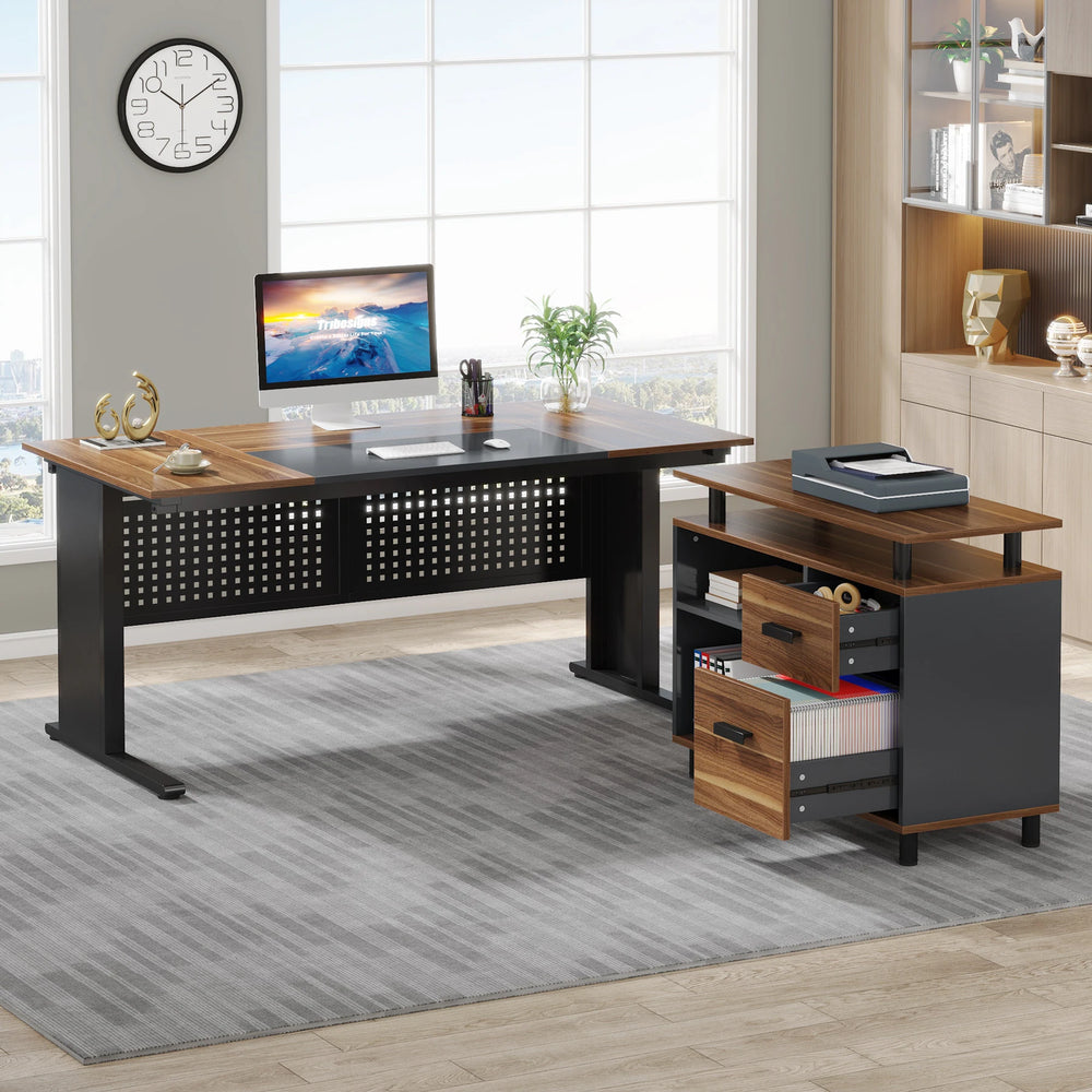 63 Inch Executive Desk with File Cabinet, Large Office Desk L Shaped Desk