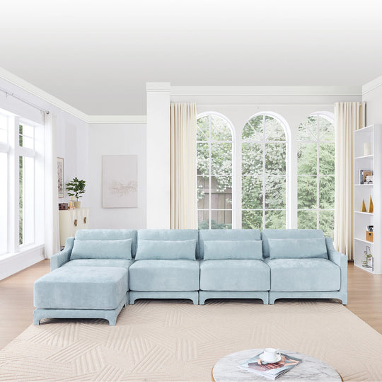 Modern Chenille 4-Seater Sofa with 2 Ottoman, Lumbar Cushions, Ergonomic Backrest, High-Resilience Spongeand Tufted Armrests