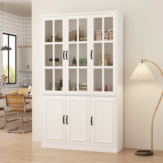 78.7"H Combo Buffet Sideboard White Curio Bookcase Cabinet Glass Door