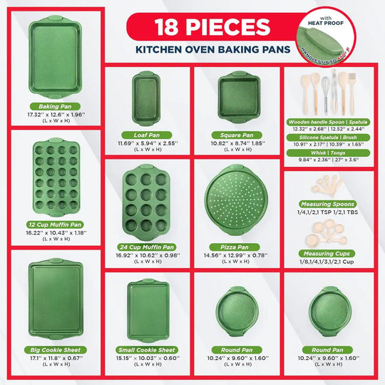 BAKKEN Kitchen Baking Pan Set - Nonstick Green Marble Coating, Carbon Steel Bakeware Sets with Green Silicone Handles,
