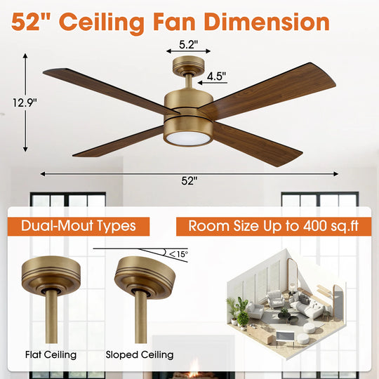 52" Antique Brass Plywood 4-Blade Indoor Ceiling Fan with Light and Remote