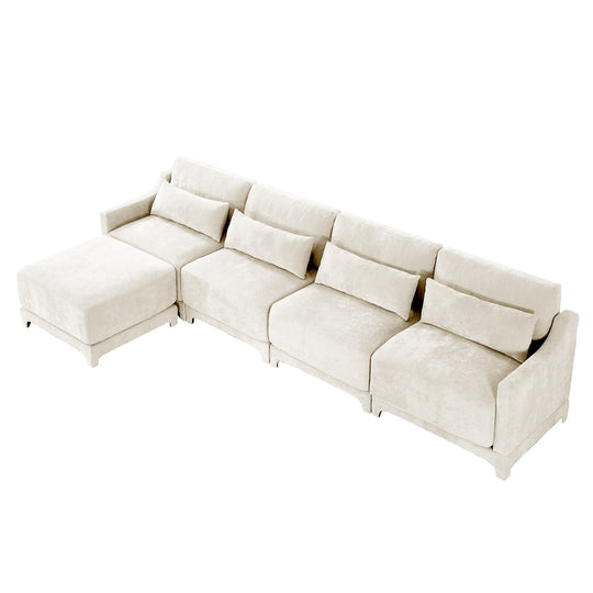 Modern Chenille 4-Seater Sofa with 2 Ottoman, Lumbar Cushions, Ergonomic Backrest, High-Resilience Spongeand Tufted Armrests