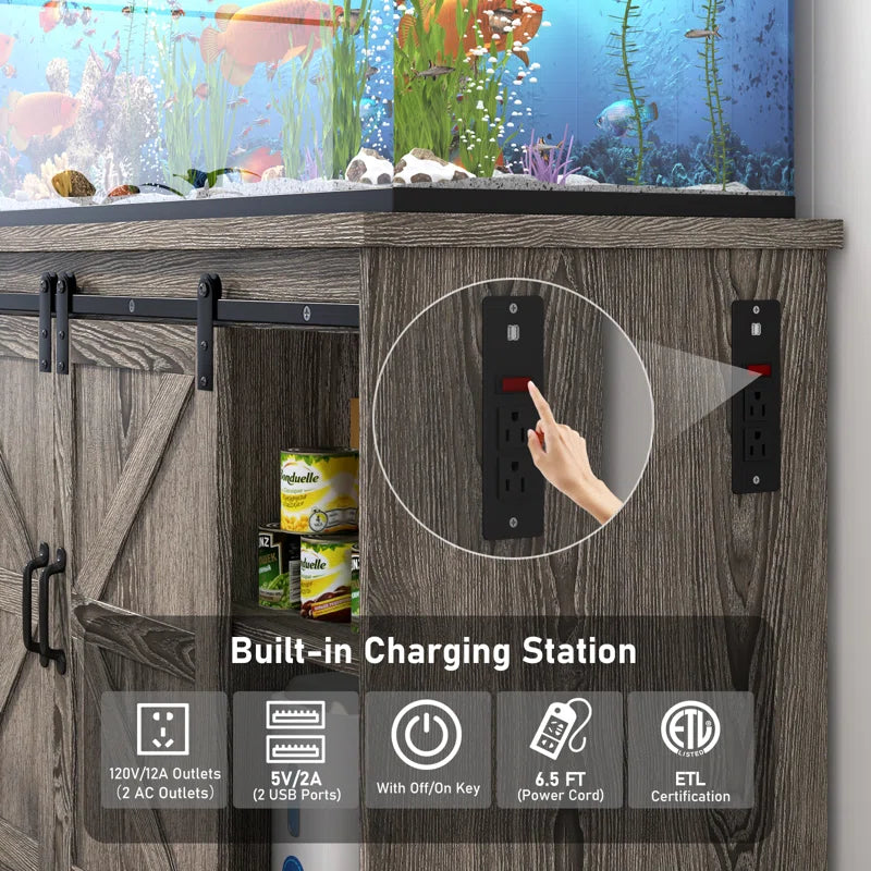 Farmhouse Aquarium Stand for 55-75 Gallon Fish Tanks, Reptile Tank Stand with Power Outlet & Sliding Barn Door, Heavy Duty Fish Tank Stand with Cabinet Storage for Turtle Tanks/Reptile Terrariums