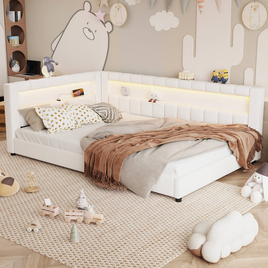Upholstered Low-Profile Daybed Platform Bed Built-In USB Ports and LED Light Belt, Grounded Design with Padded Backrest