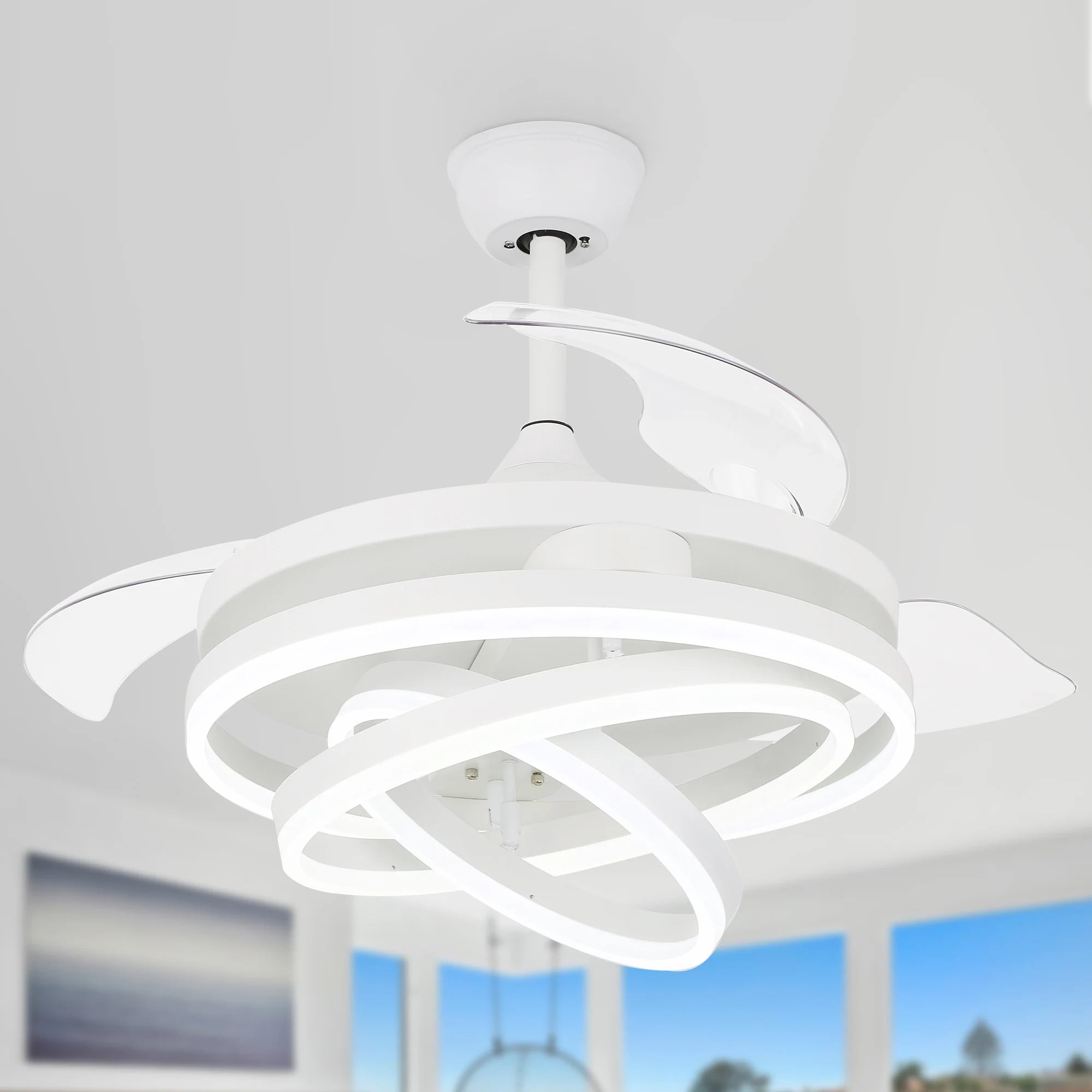 42In. DIY Shape Retractable Ceiling Fan with Lights, 6-Speed DC Motor Modern Ceiling Fan with LED Light and Remote