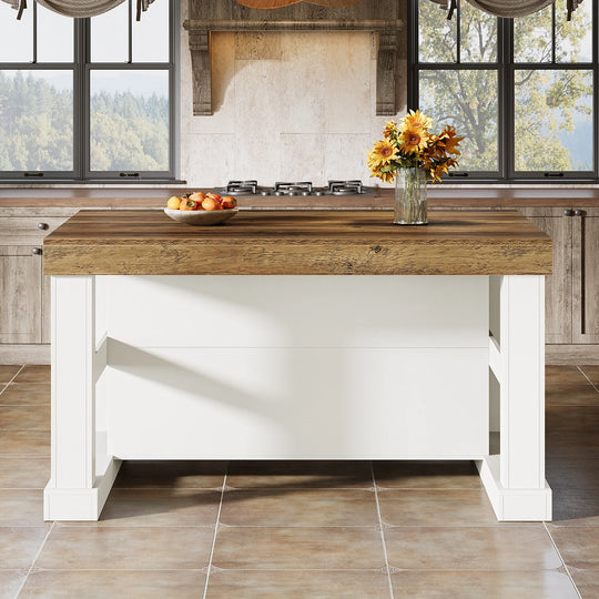 55-Inch Stationary Kitchen Island with Storage Shelves and Large Worktop, Farmhouse Style, Light Brown