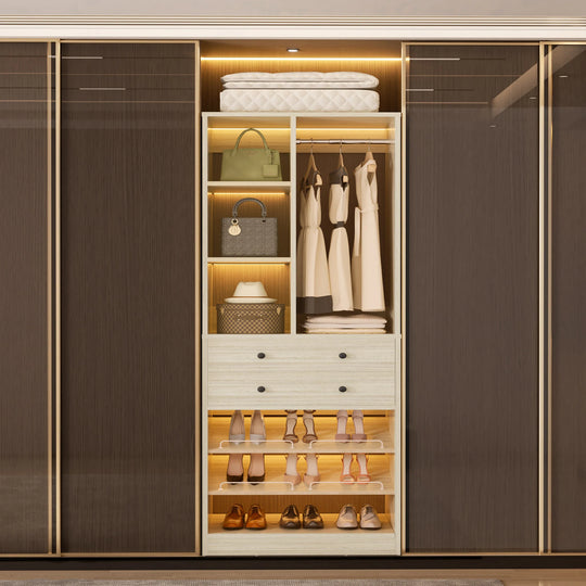 Grimm 28'' Closet Organizer with Shoe Racks and Drawers, Closet System with Hanging Rod and Adjustable Shelves