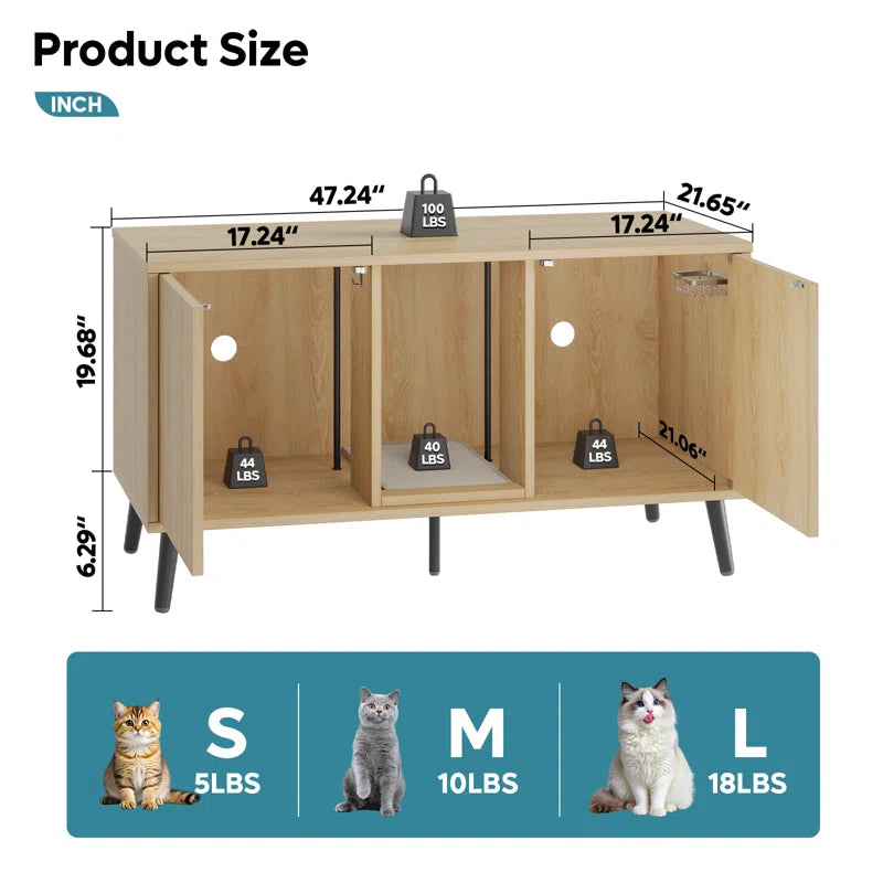 47.24" Cat Litter Box Enclousure Furniture for 2 Cats ,Indoor Cat House Hidden with Cat Scratch Pad ,TV Stand Side Table,Cat Washroom.