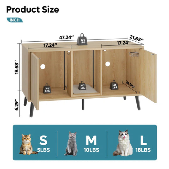 47.24" Cat Litter Box Enclousure Furniture for 2 Cats ,Indoor Cat House Hidden with Cat Scratch Pad ,TV Stand Side Table,Cat Washroom.