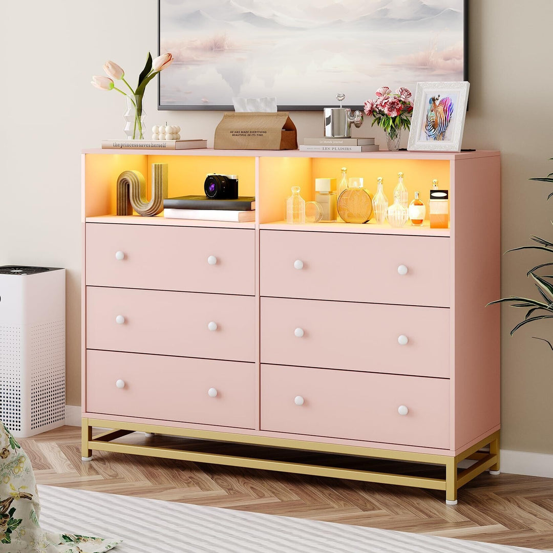6 Drawer Dresser with Led Lights and Power Outlets