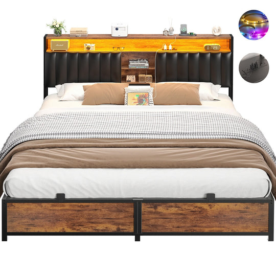 Upholstered Bed Frame with Storage Shelving, Platform Beds with Charge Station and LED Lights