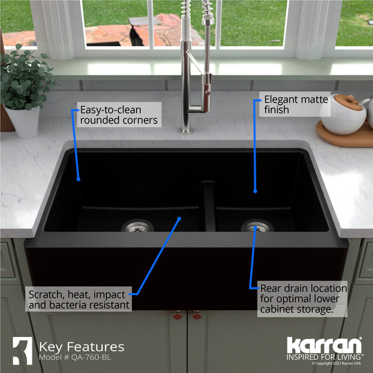 Farmhouse/Apron-Front Quartz Double Bowl Kitchen Sink