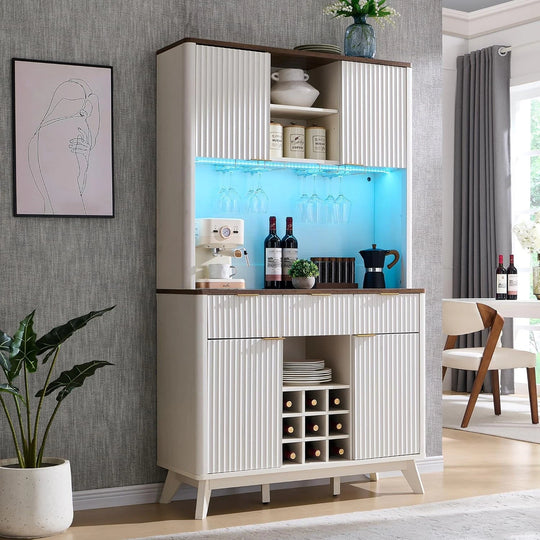 72" Wine Bar Cabinet, Modern Wood Coffee Bar Cabinet with LED Lights