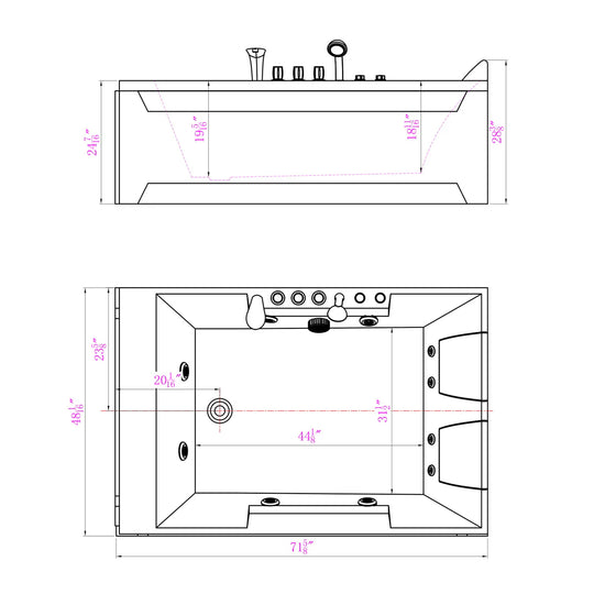 72" X 48" Acrylic Rectangle Whirlpool Bathtub - 10 Water Jets - Led Lights - Left Side Drain - 3-Side Alcove Install
